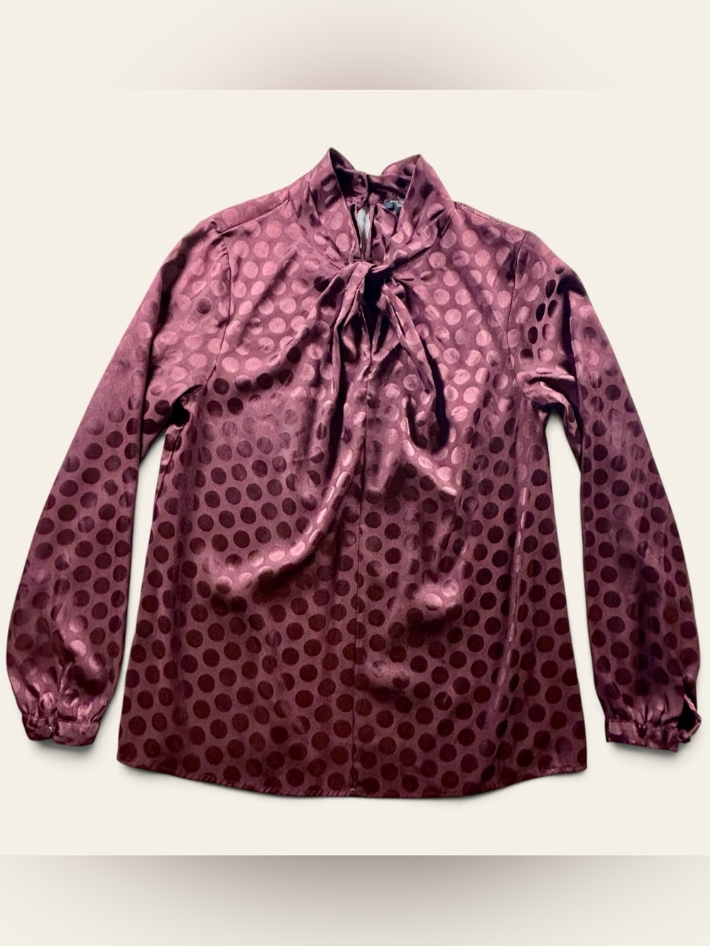 MP Ann Taylor Factory Burgundy Polka Dot Twist Neck Blouse Petite